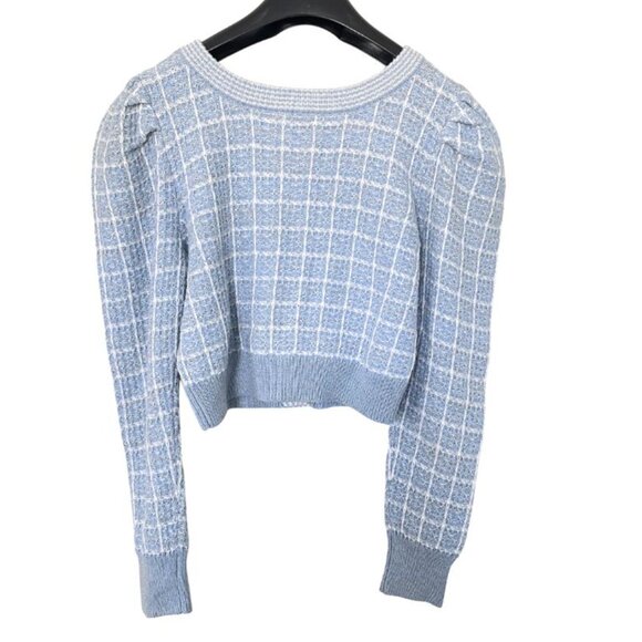 Love Shack Fancy Daughter Cropped Cardigan Sz M Tweed Checked Blue Gold Buttons - Picture 8 of 10